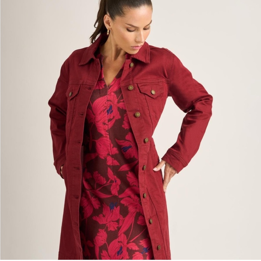 Women's Red Longline Denim Jacket With Stretch